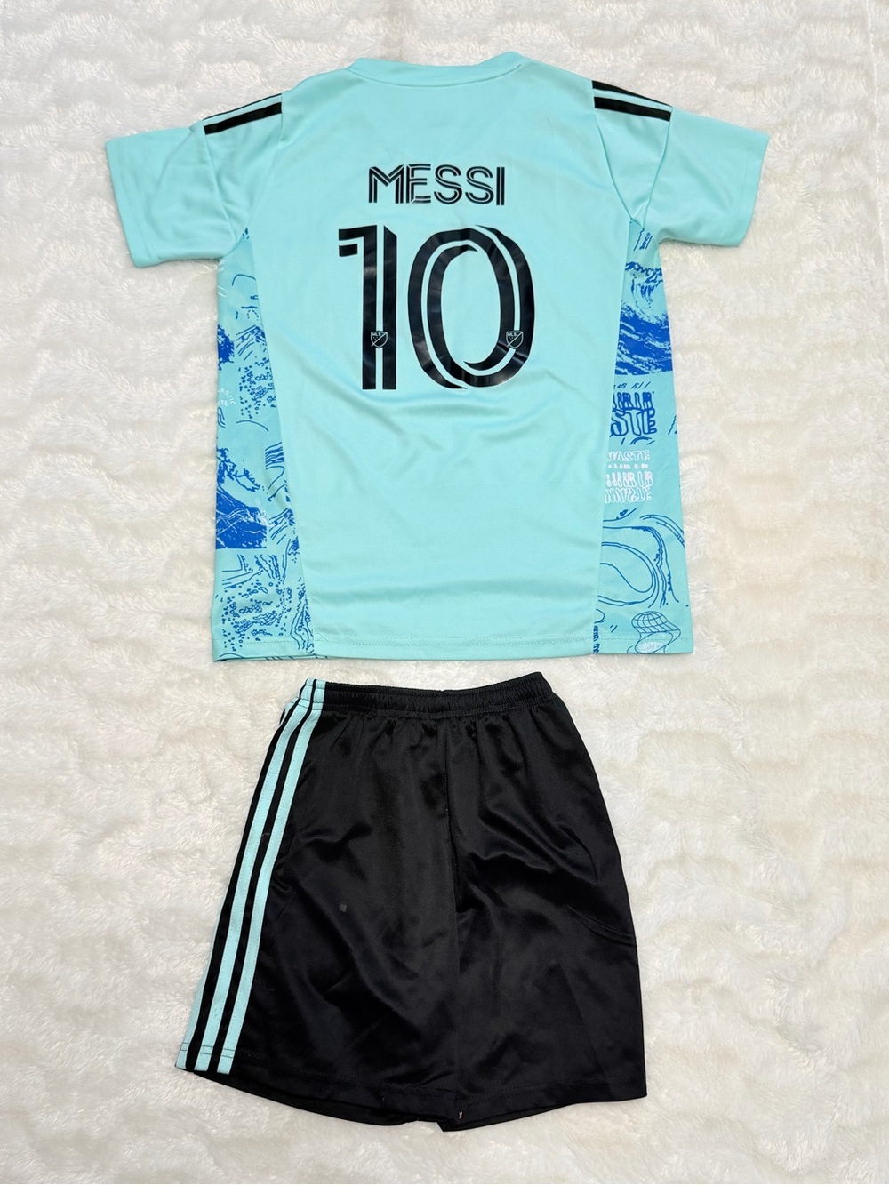 XBTO MESSI Light Teal & Blue Graphic Soccer Jersey with Black Shorts Set Sz 8-10